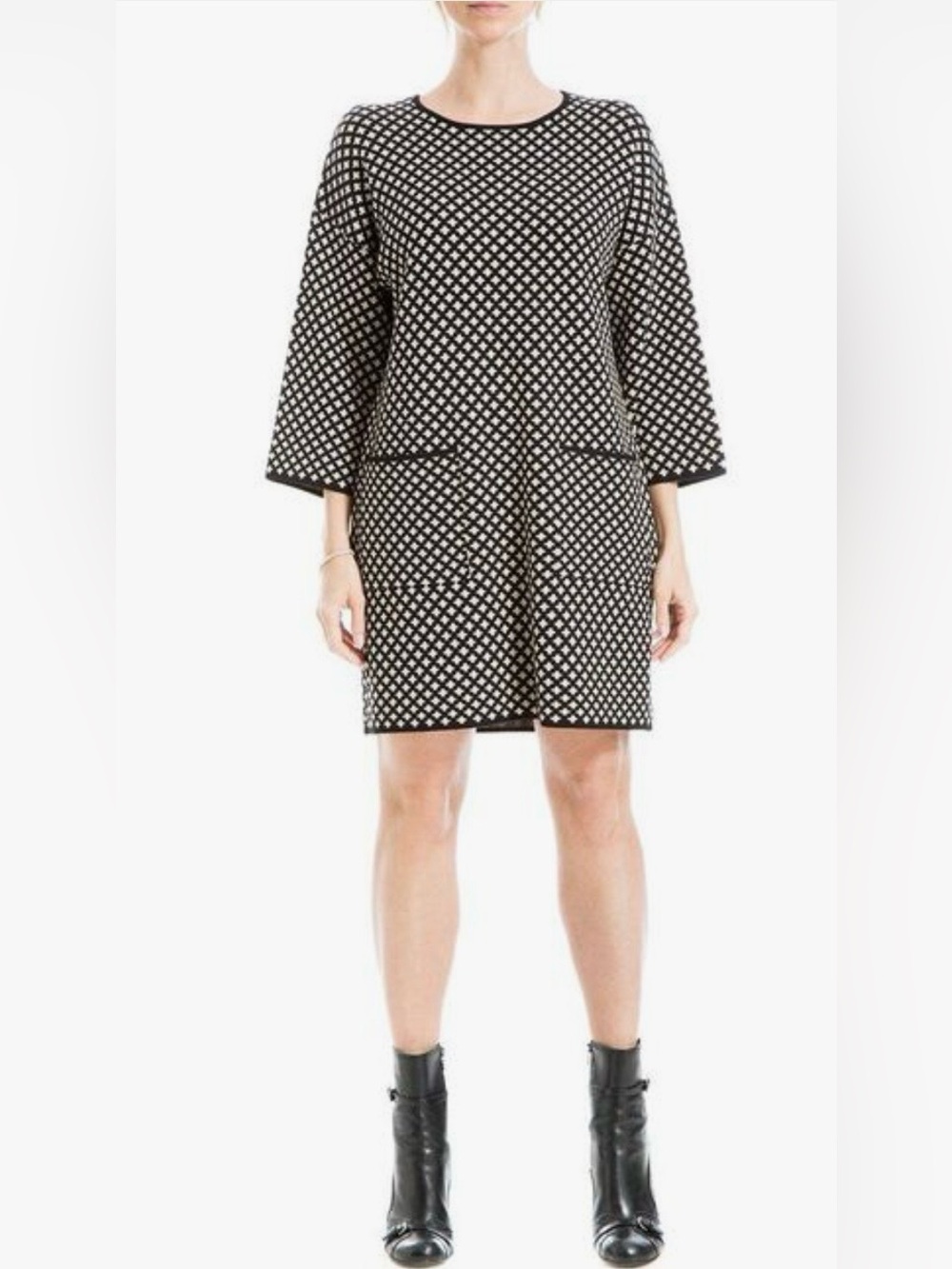 NWT Max Studio London Black Cream  Geometric Shift Dress M $168.00 Patch Pockets